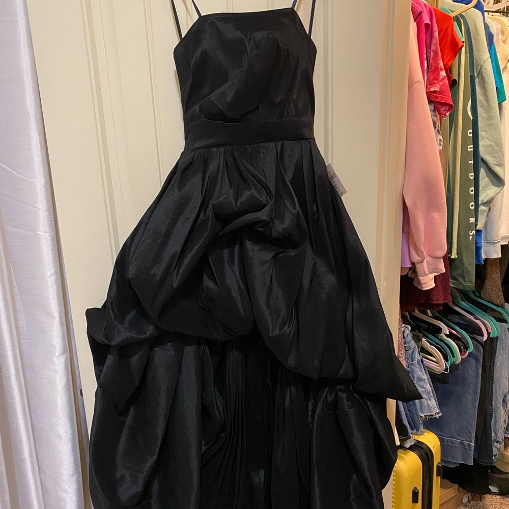 Black poofy high low strapless dress!